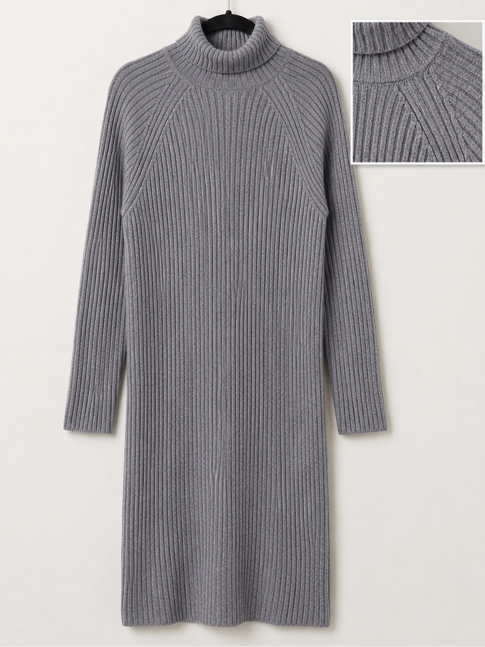 Grey Ribbed Turtleneck Knit Sweater Bodycon Dress - Small / Medium (Gray)